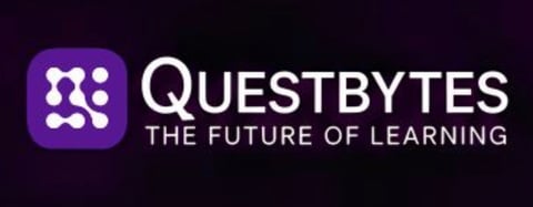 Questbytes logo with purple icon and white text on dark background, tagline reads The Future of Learning